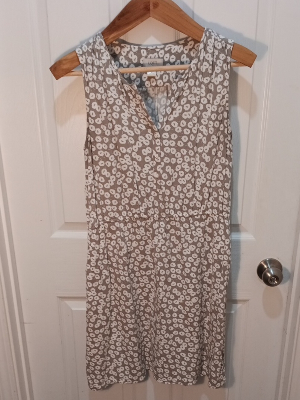LOFT Taupe Sleeveless Midi Dress with White Floral Print